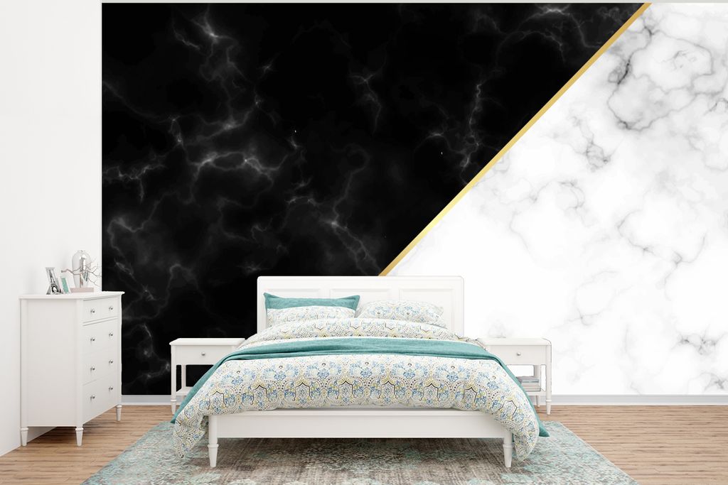 MuchoWow Fototapete für Wohnzimmer oder Schlafzimmer Wandtapete Vinyl Motivtapete Marmor - Weiß - Schwarz - Gold - 350x260 cm - Wohnzimmer-Tapete