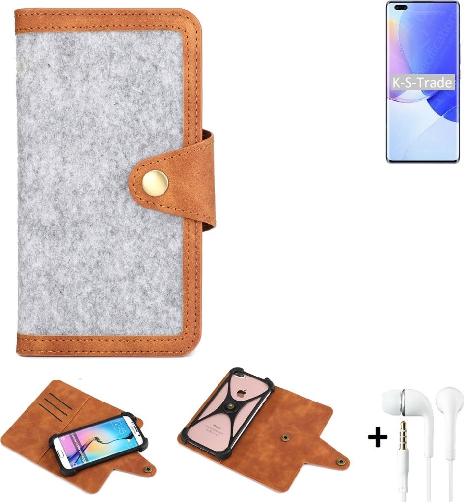 K-S-Trade Handyhülle + Kopfhörer kompatibel mit Huawei nova 9 Pro Schutzhülle Filz Hülle Kunstleder hellgrau braun (1x)