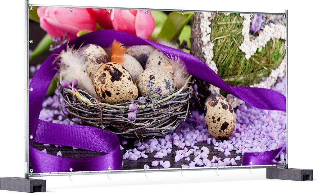 Wallario XXL Outdoor-Poster für Garten oder Balkon, Motiv Ostern - Stillleben II - Bunte Eier, Herzen und Tulpen, in ca. 340 x 173 cm
