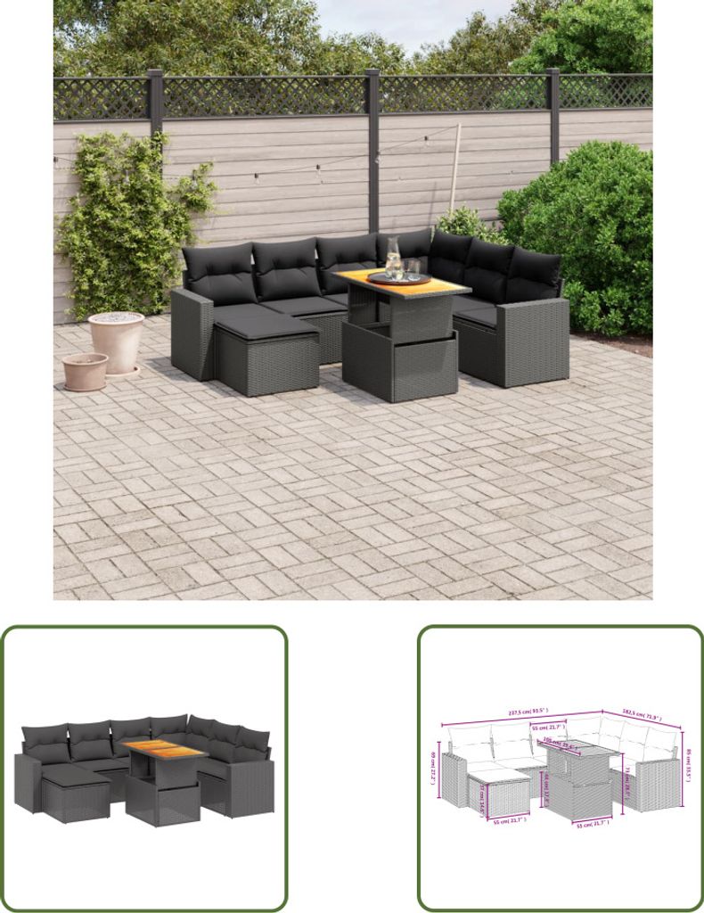 The Living Store 8-tlg. Garten-Sofagarnitur mit Kissen Schwarz Poly Rattan