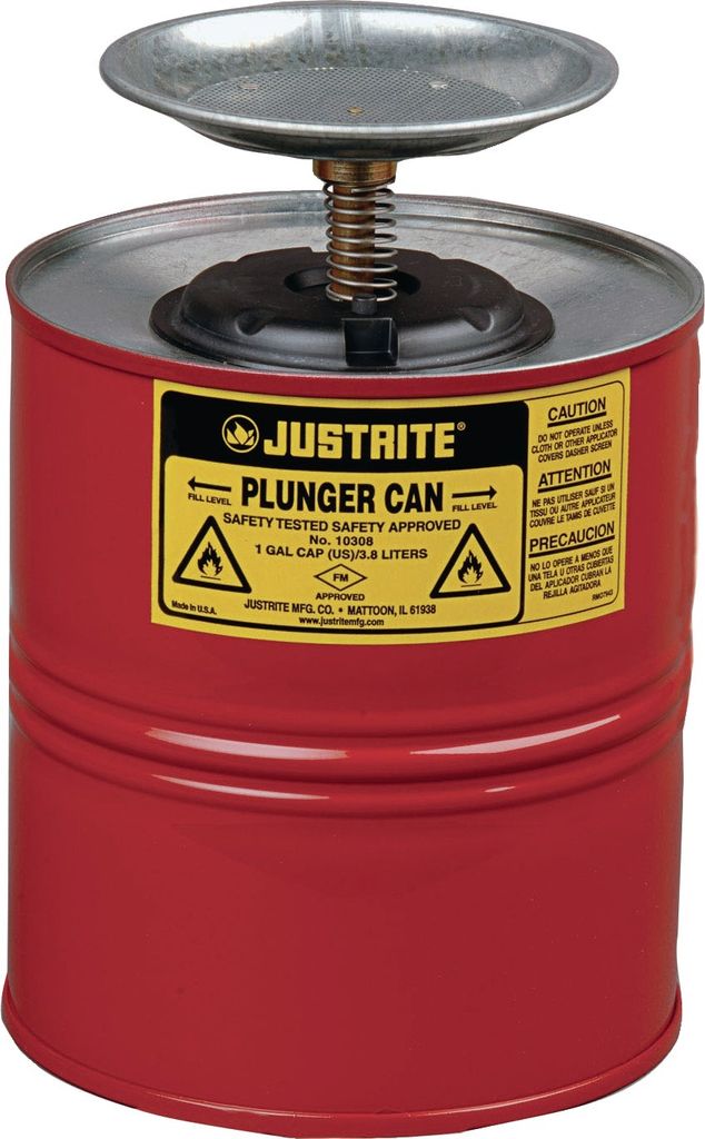 A red plunger can with a yellow label.