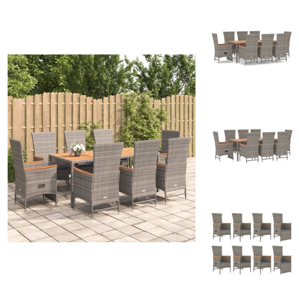 vidaXL 9-tlg. Garten-Essgruppe mit Kissen Grau Poly Rattan Produktbild 