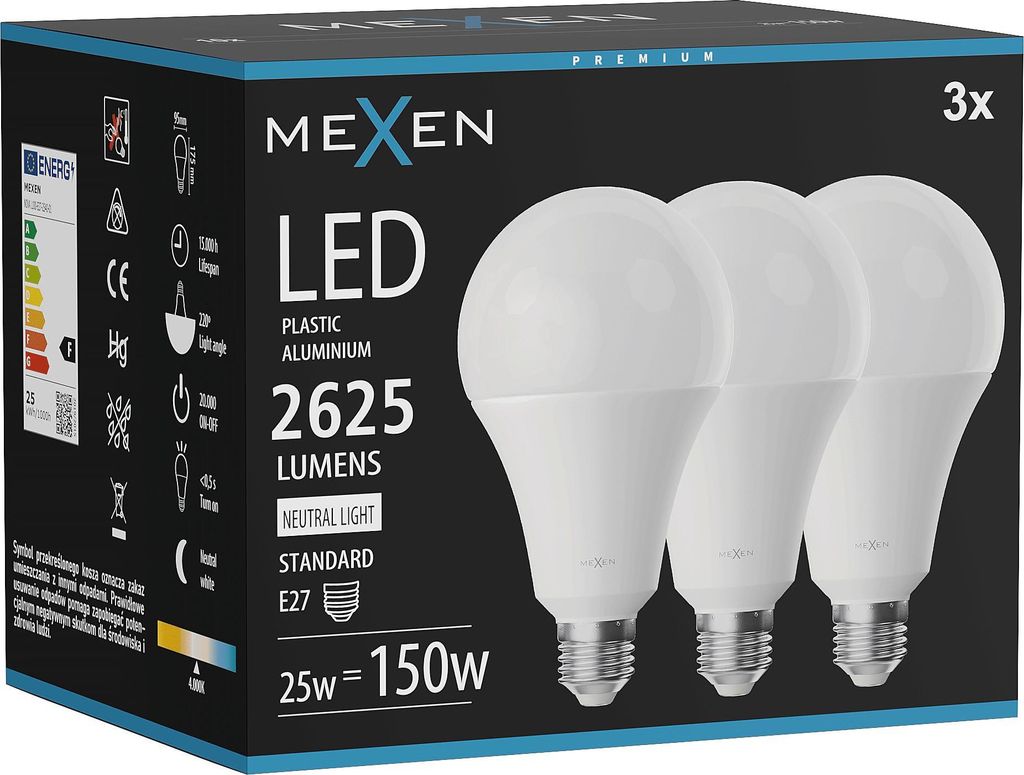 Mexen Nova 3x LED-Glühbirne E27, A95, 25W, Neutral - 4000K, Produktbild 