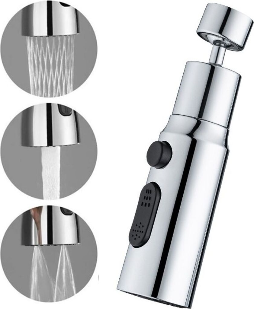 A chrome kitchen faucet sprayer head is shown with three circular insets demonstrating different water spray patterns.