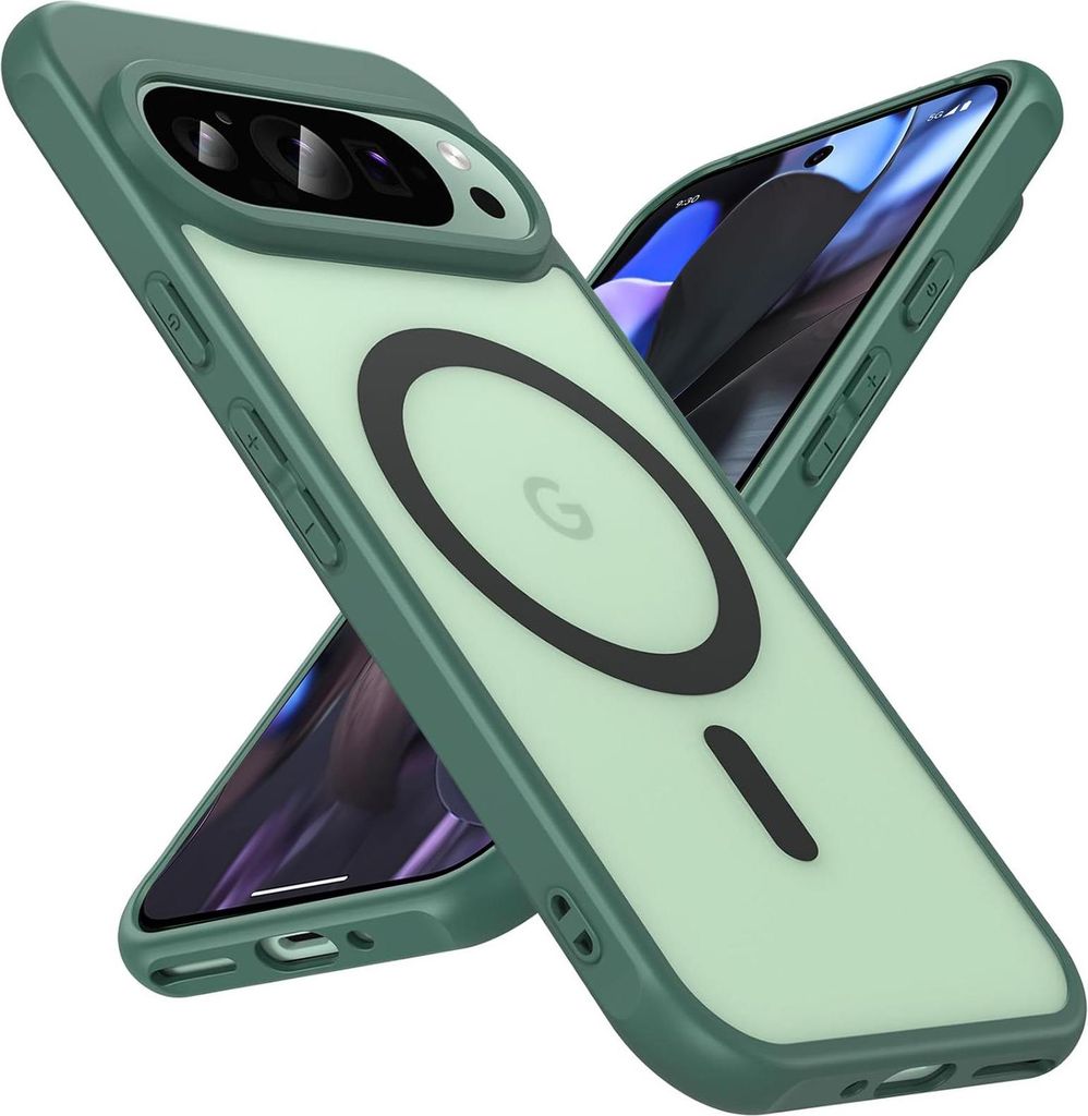 Two phone cases are shown in a diagonal arrangement against a white background. One case is in the foreground, showing the back with a magnetic ring and a Google logo. The other case is in the background, showing the side with buttons and the screen.