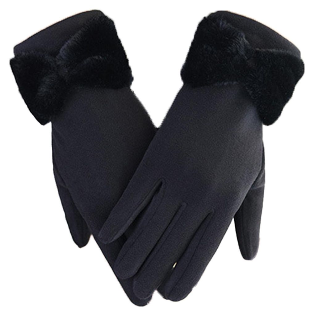 1 Paar dicke, einfarbige Damenhandschuhe mit Schleifenverzierung, doppelseitiges Fleece, Touchscreen-geeignet, für Herbst und Winter