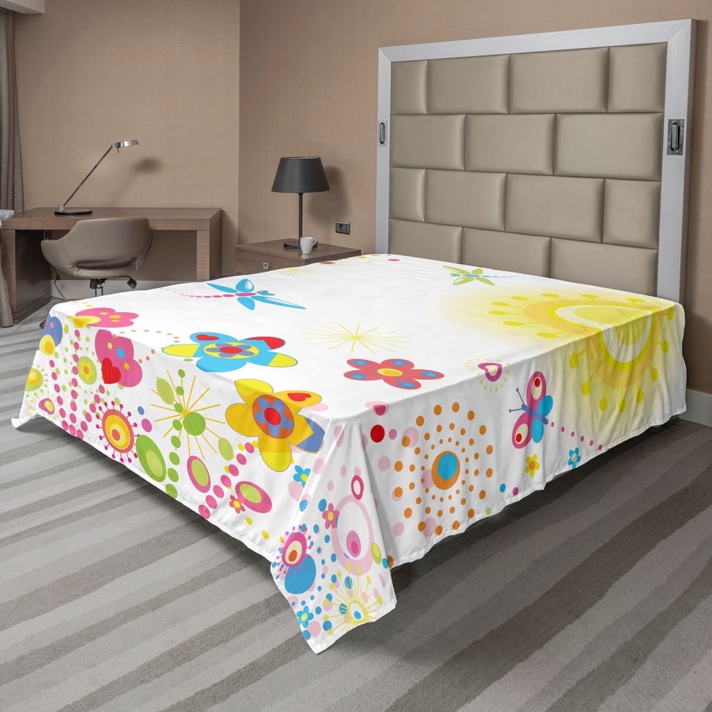 ABAKUHAUS Libelle Bettlaken, Sommer Blumenhintergrund Mit Sonne Strahlt Bunte Löwenzahn Glück Grafik, weiches bequemes oberes Bettlaken für ein ...