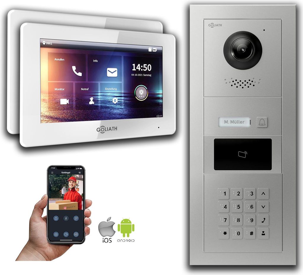 Türsprechanlage mit Kamera Goliath IP 2-Draht 2-Monitor Zahlencode RFID : Aufputzdose : 7 Zoll in Weiß Türklingel Montagedose: Aufputzdose Monit...