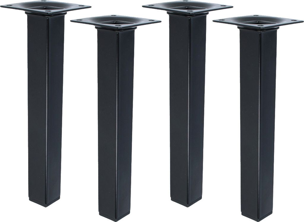Four black square table legs are arranged in a row against a white background.