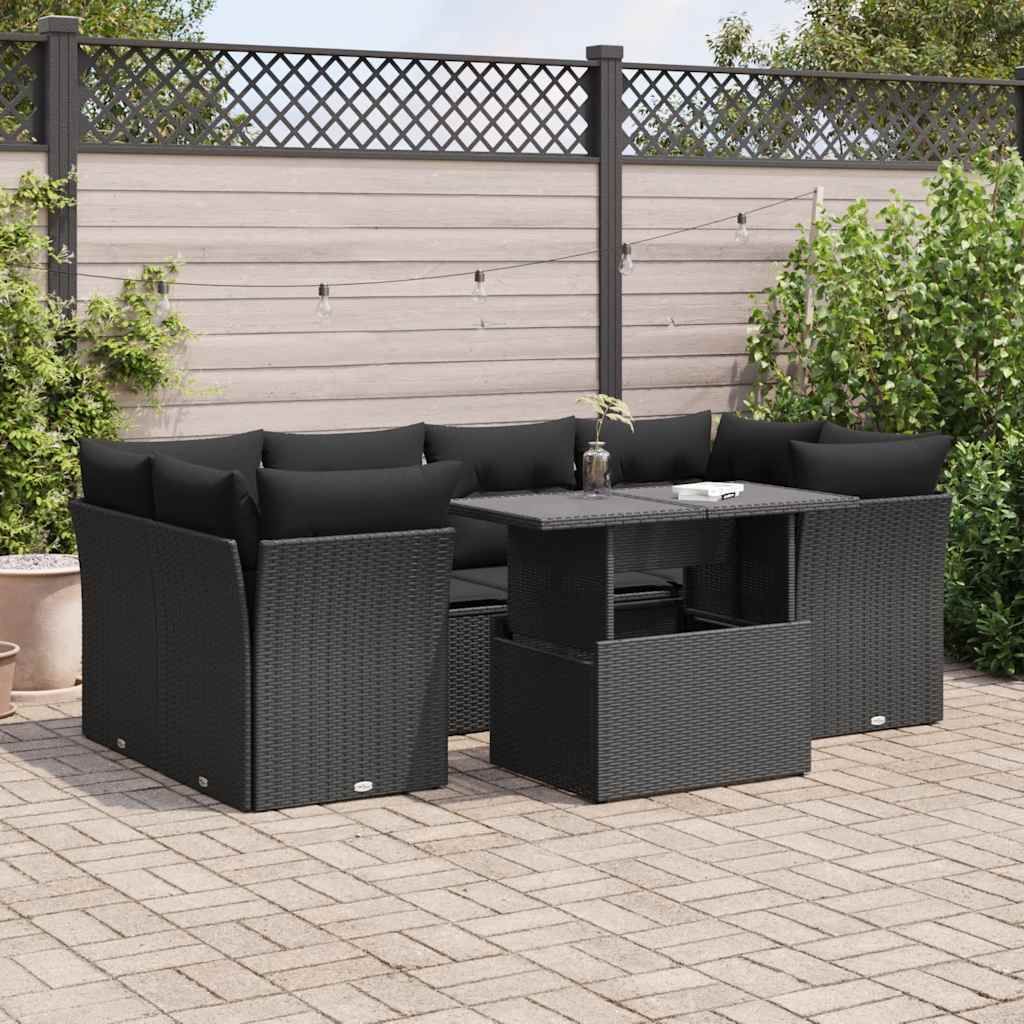 "2026 Promotion" 7-tlg. Garten-Sofagarnitur/Terrassenmöbel - mit Kissen - Schwarz Poly Rattan - Gartenmöbelset CC18076