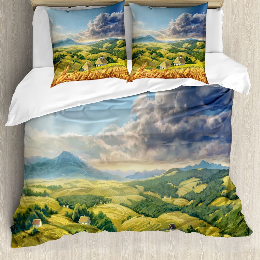 ABAKUHAUS Land Bettbezug, Sommerferienhäuser, Milbensicher Allergiker geeignet mit Kissenbezügen, 200 cm x 200 cm - 80 x 80 cm, Grün, Weiß, Blau