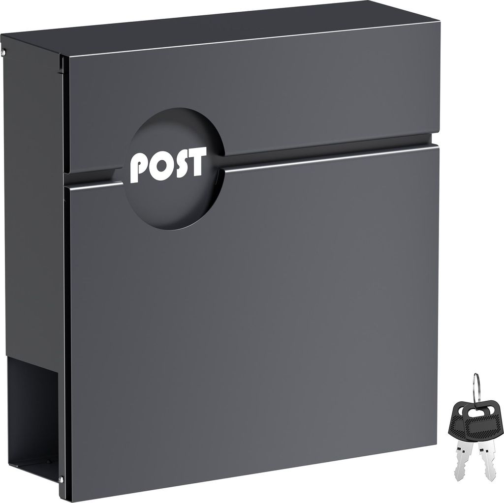 Wiltec Briefkasten Anthrazit V62 aus Stahl 37 x 11 x 37 cm, Wandbriefkasten mit Zeitungsfach und Schlüssel