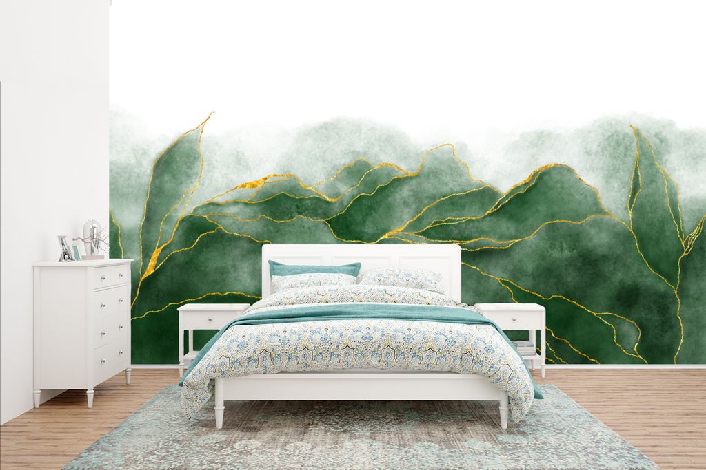 MuchoWow Fototapete für Wohnzimmer oder Schlafzimmer Wandtapete Vinyl Motivtapete Marmor - Grün - Luxus - Gold - Marmoroptik - 435x260 cm - Kin...