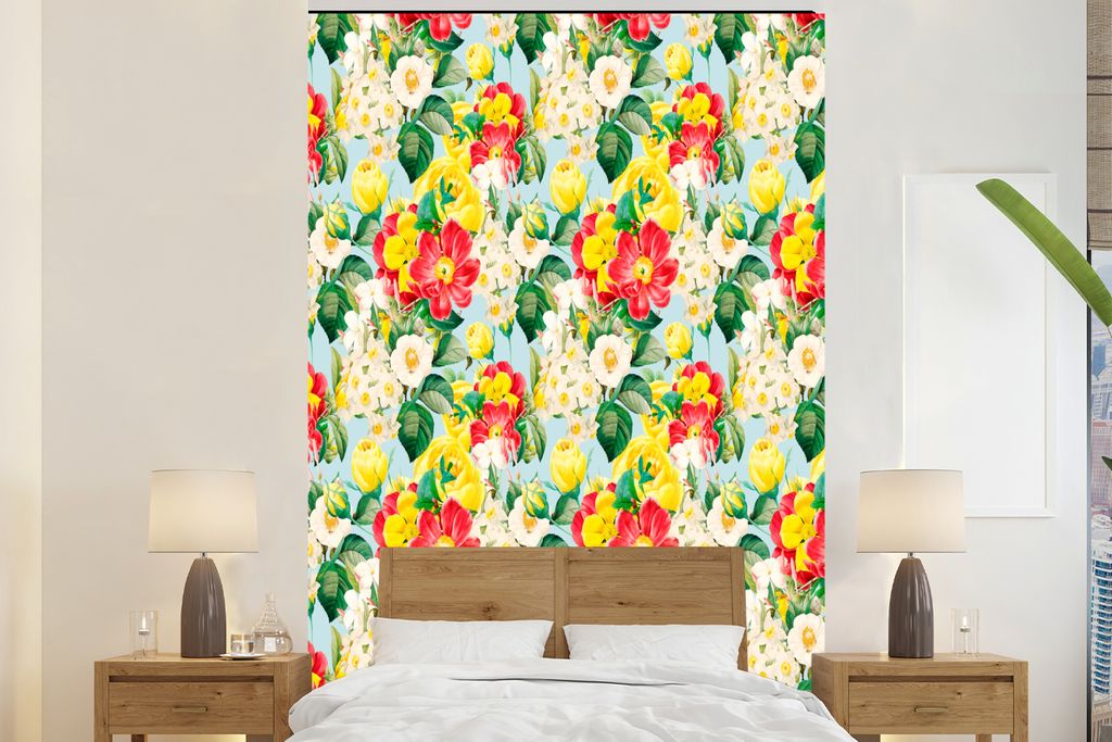 MuchoWow Fototapete für Wohnzimmer oder Schlafzimmer Wandtapete Vinyl Motivtapete Blumen - Frühling - Muster - 225x350 cm - Schlafzimmer tapete
