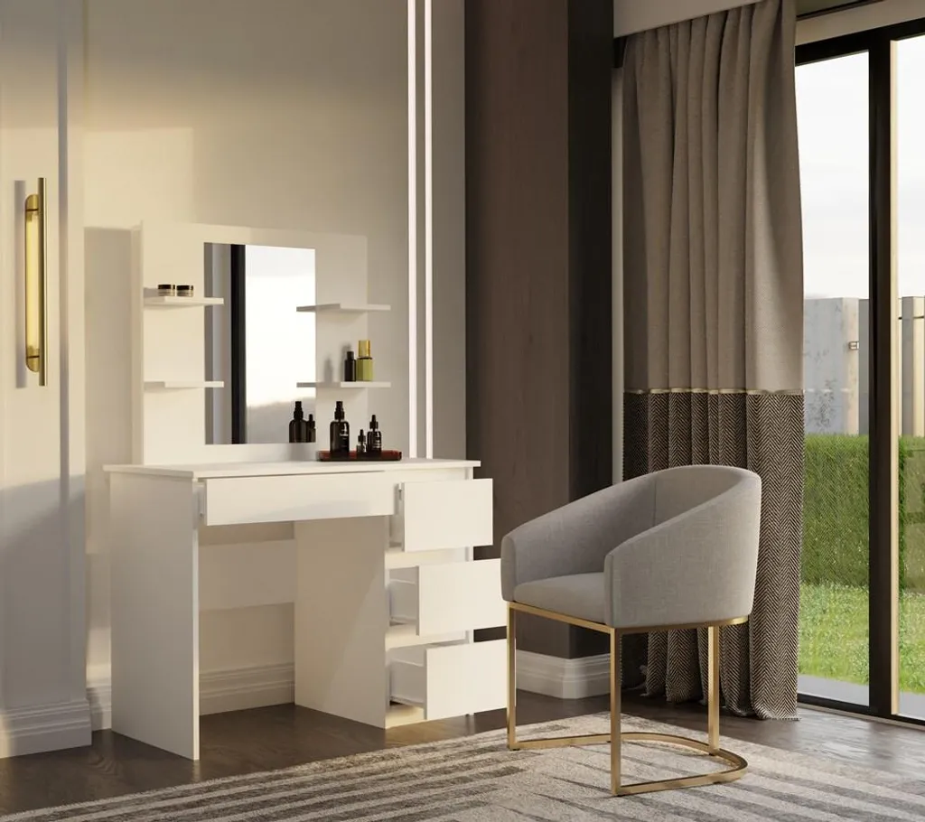 Table de maquillage blanche avec miroir et rangements Marina Mijas P