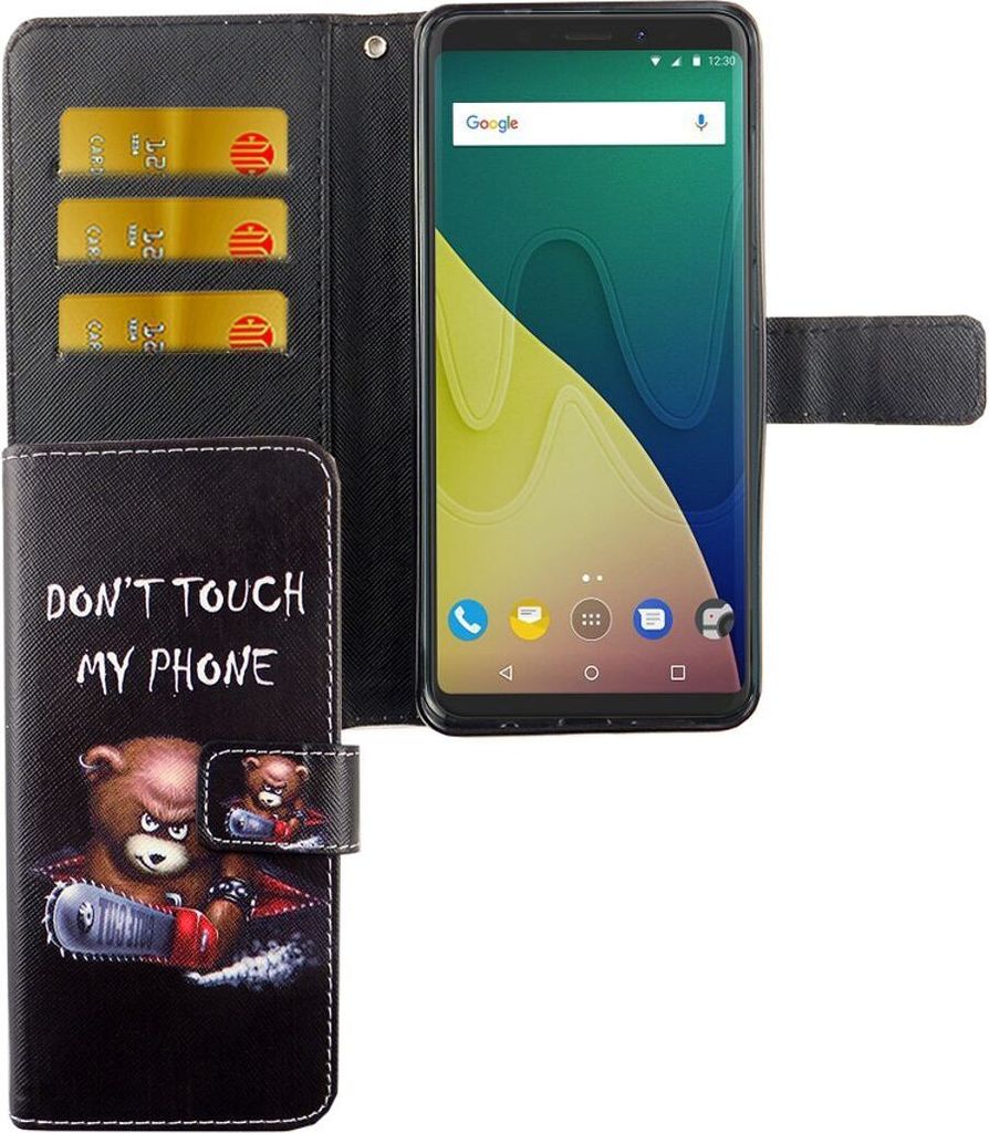 Handyhülle Tasche für Handy Wiko View XL Schriftzug Bär mit Kettensäge