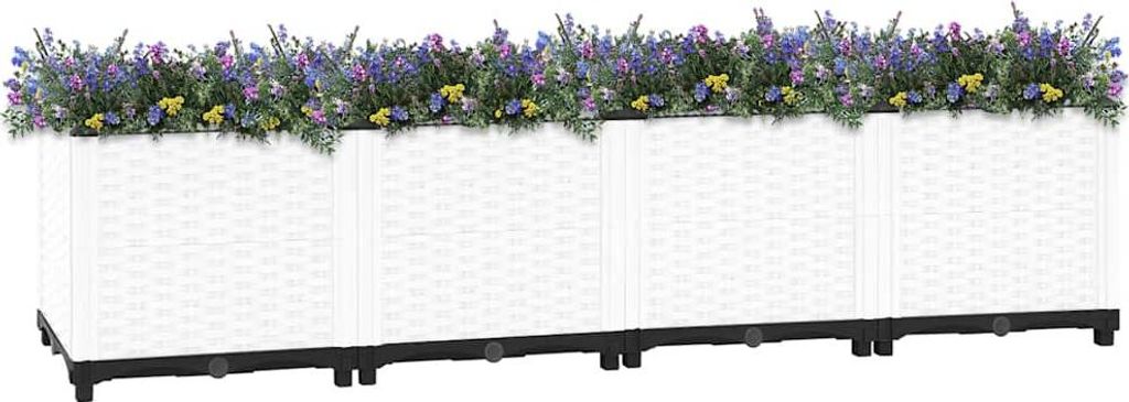 A row of four white planters filled with purple and yellow flowers, set against a white background.