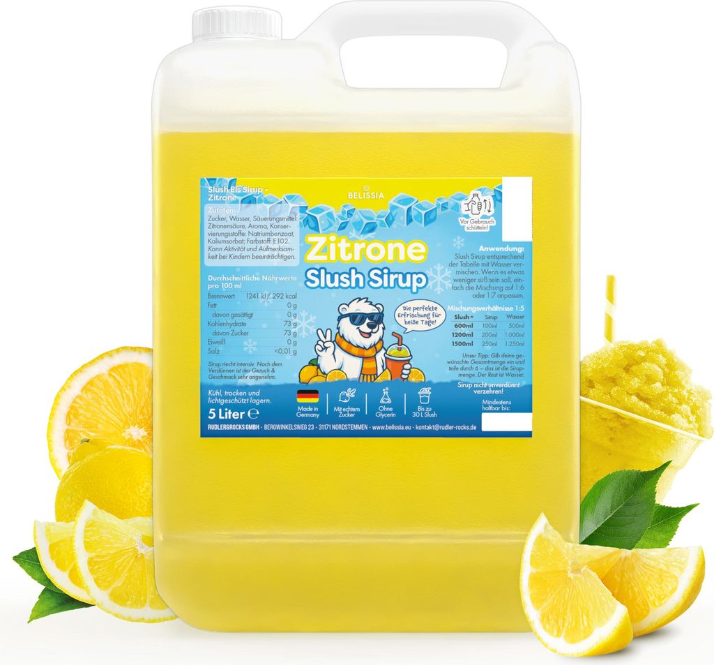 Belissia Slush Eis Sirup 5L Konzentrat | Zitrone Geschmack | sehr ergiebig in knalligen Farben (1:5) | Glycerin frei