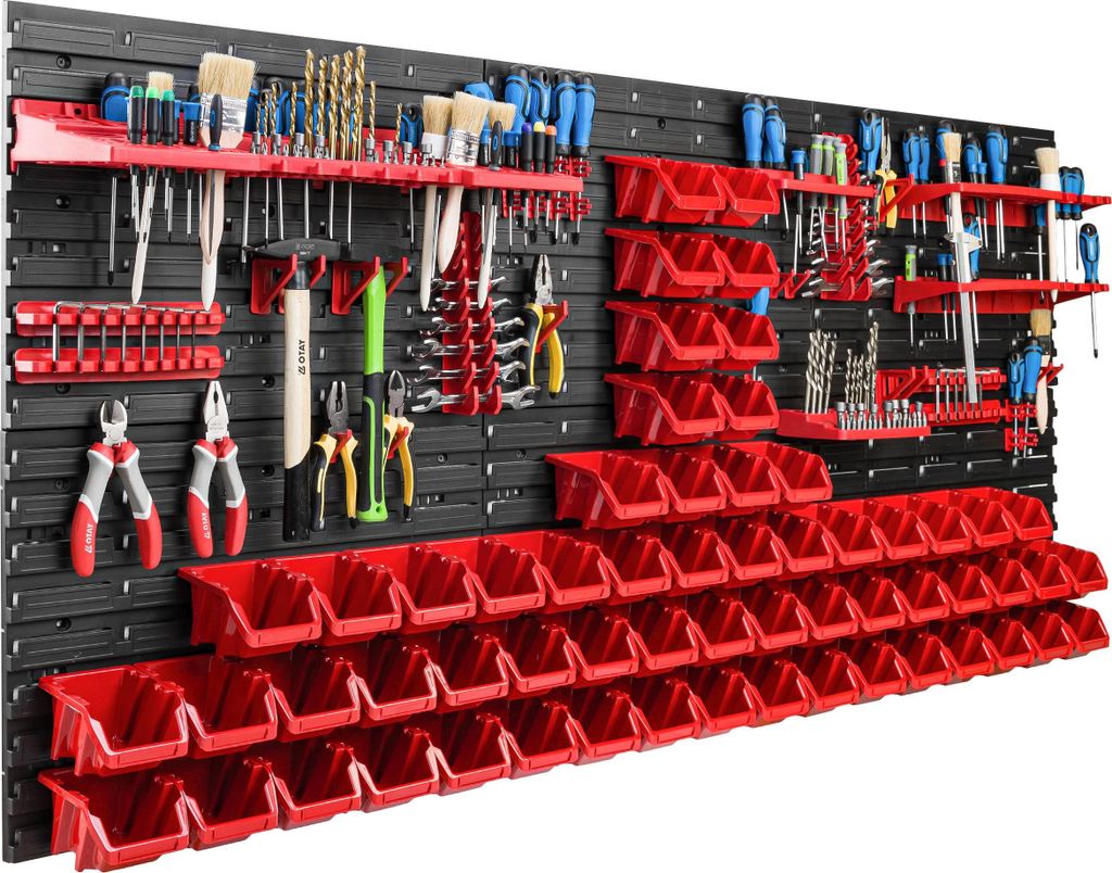 Lagersystem Werkstattregal | 172 x 78 cm | 60 stck. Box | Wandregal mit Werkzeughalterungen und Stapelboxen - Wandplatten Extra Starke Schüttenreg...