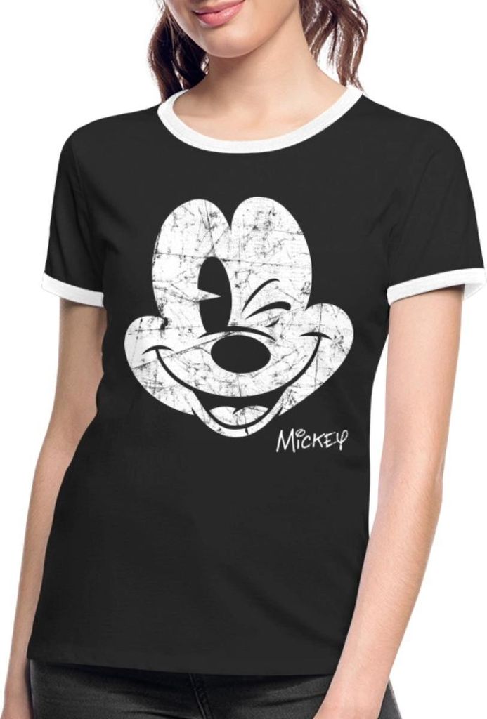 Mickey & Minnie Retro Mickey Mouse Zwinkernd Frauen Kontrast T-Shirt, M, Schwarz/Weiß