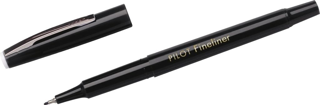 A black Pilot Fineliner pen with its cap off, shown diagonally on a white background.