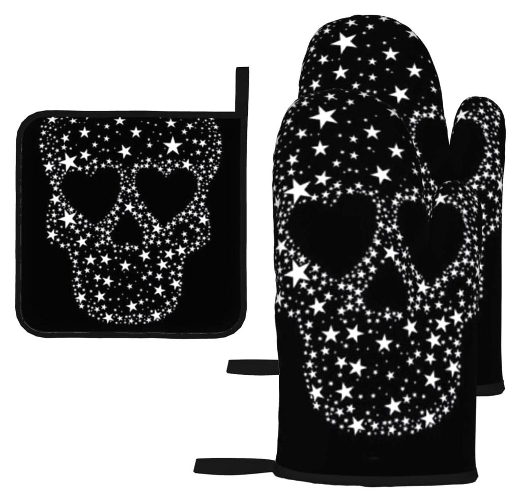 Totenkopf-Ofenhandschuhe und Topflappen, hitzebeständig, 3-teiliges Set für Grillen und Kochen