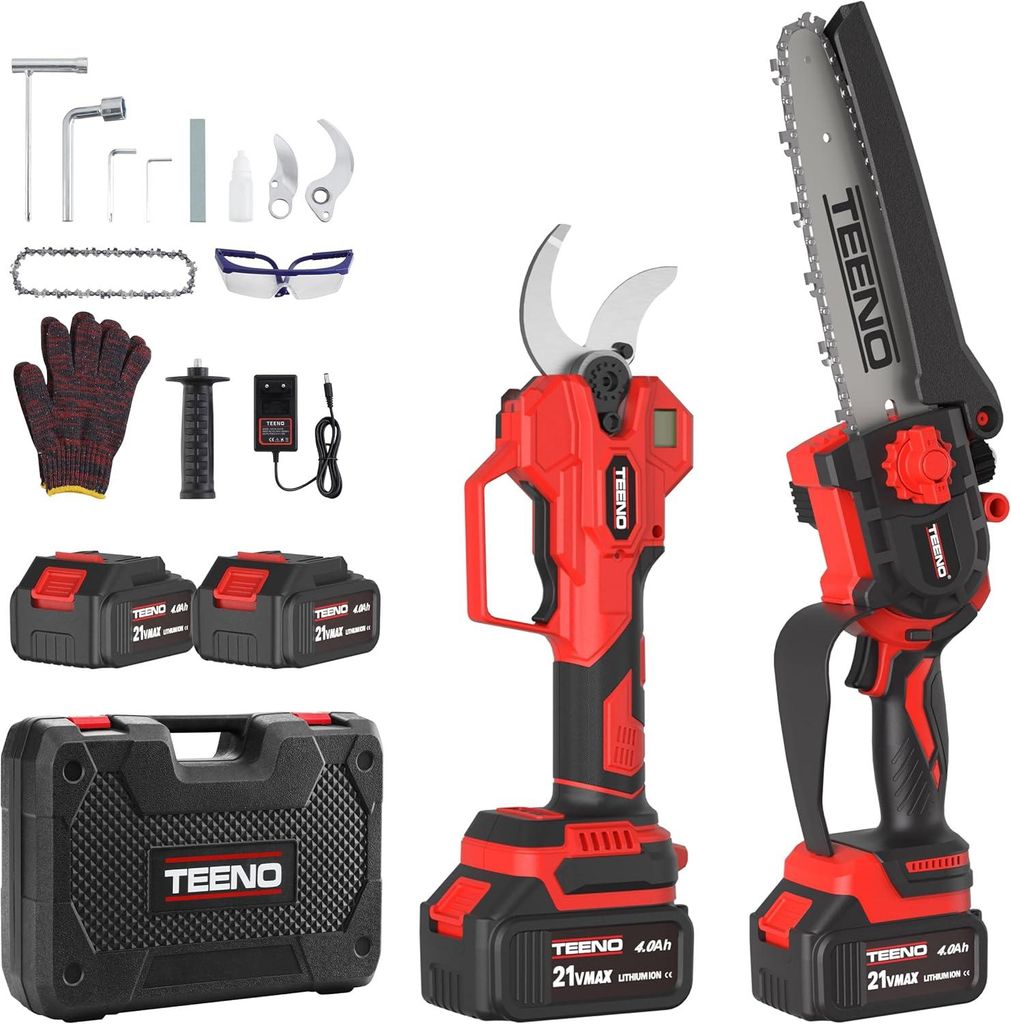 TEENO 2-in-1-Gartenwerkzeug-Set: Mini-Kettensäge mit Akku 6 Zoll + elektrische Gartenschere, kabellos, 0 – 40 mm, 2 x 4,0 Ah Batterien