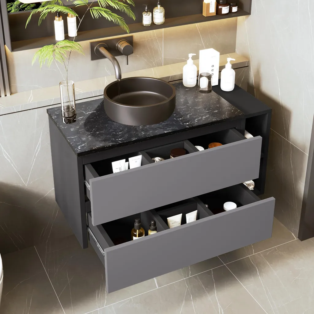 Meuble de Salle de Bain OKWISH avec Vasque Céramique et 2 Tiroirs Gris