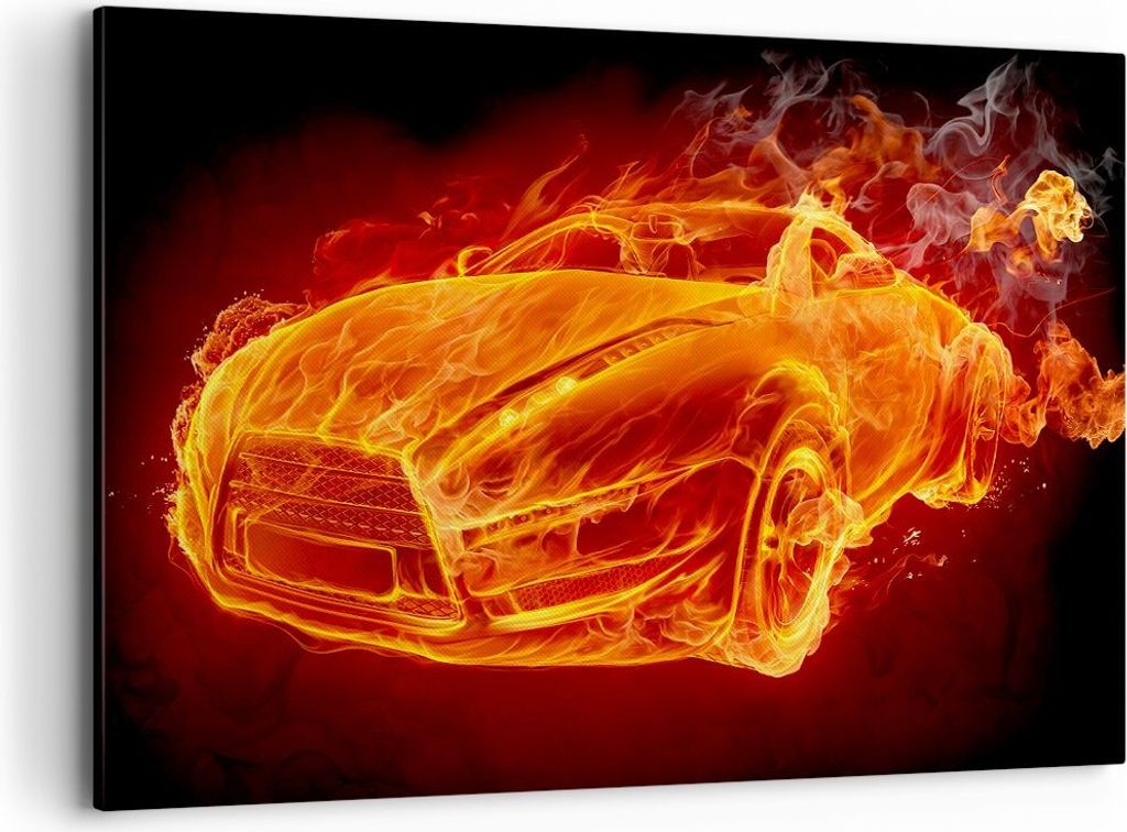 Bild auf Leinwand - Leinwandbild - Auto Flammen Räder - 100x70cm - Wand Bild - Wanddeko - Leinwanddruck - Bilder - Kunstdruck - Wanddekoration - L...