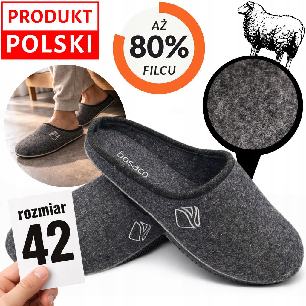 BOSACO- Męskie kapcie filcowe szare rozmiar 42 - Ręcznie Zdjęcie produktu 