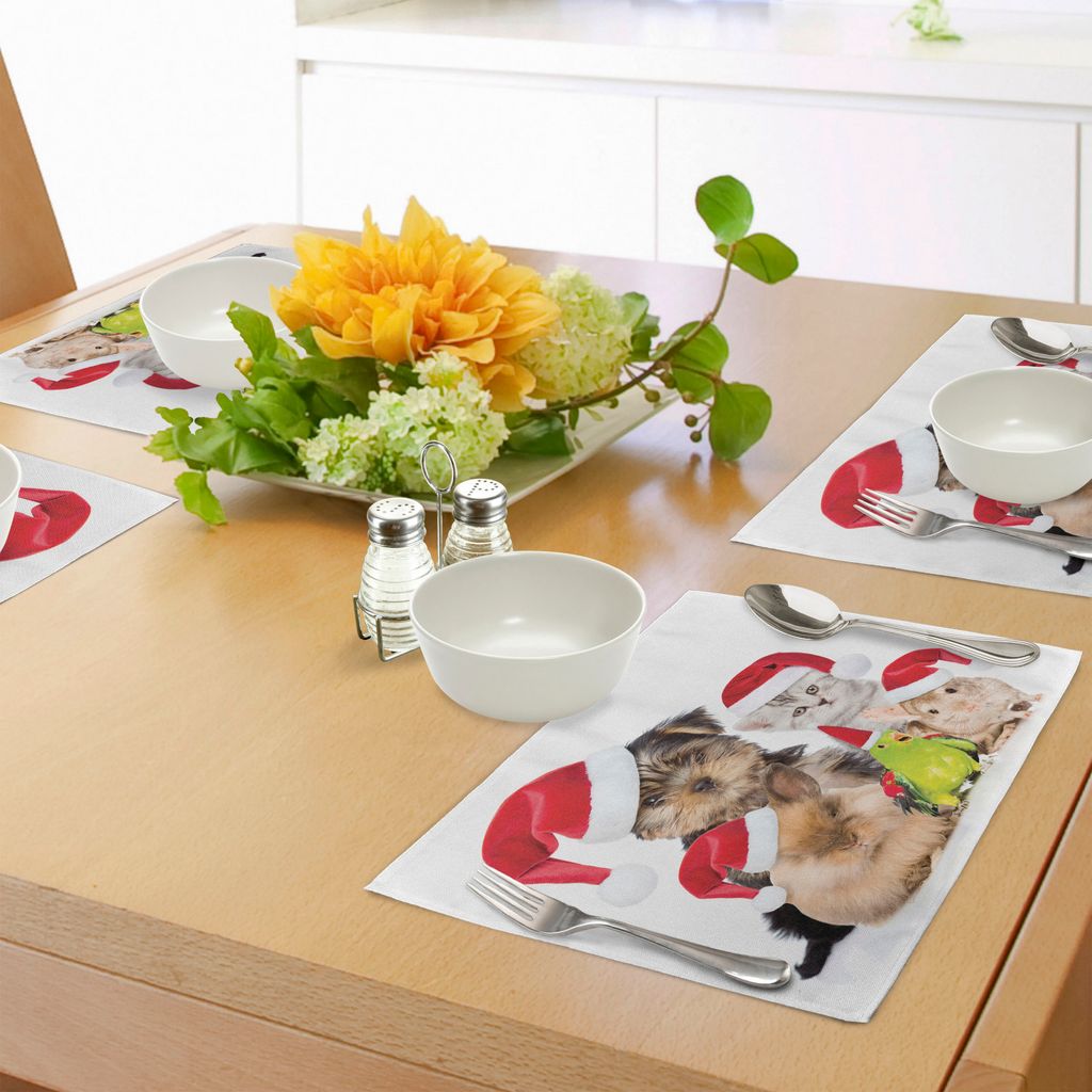 ABAKUHAUS Weihnachten Platzmatten, Xmas Crew Katze Hund Vogel Maus und Kaninchen Bunny mit Santa Hüte mürrisch Haustiere Bild, Tiscjdeco aus Farb...