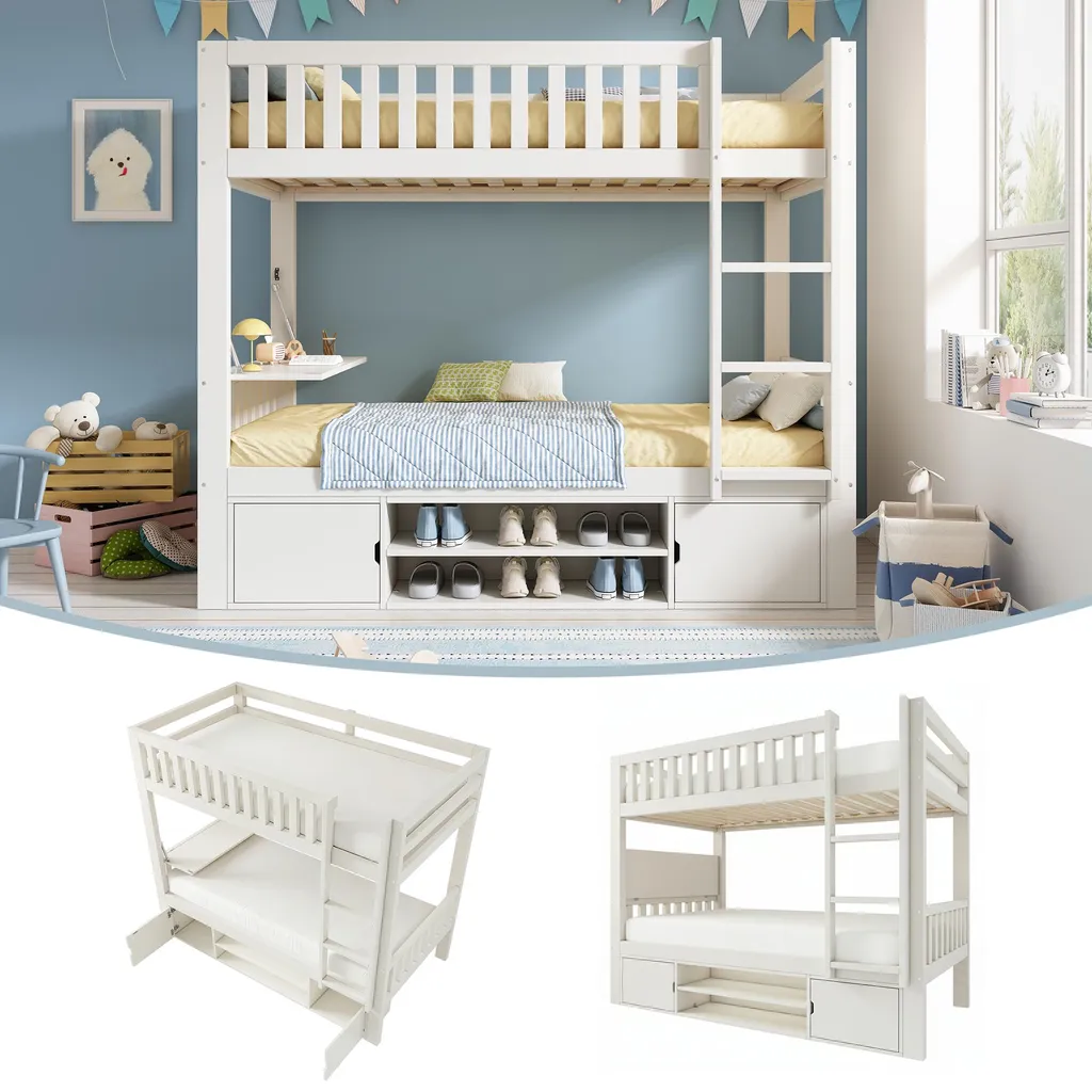 Lit mezzanine enfant 90x200 cm blanc avec bureau rabattable et sommier