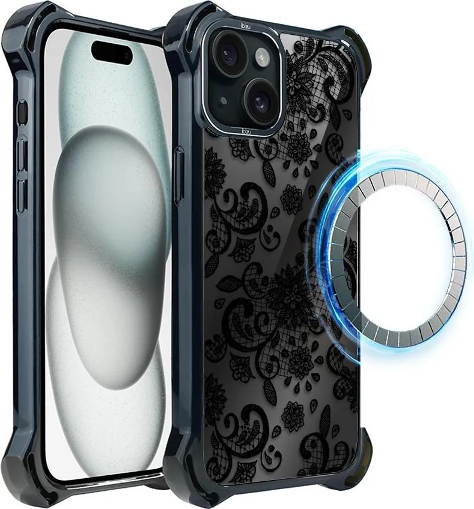 Outfit iPhone 15: Cover IBIZU DropGuard Ultra Mezzanotte Pizzo Nero
