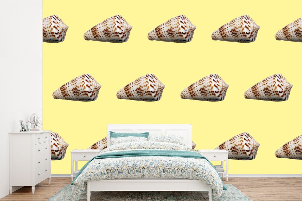 MuchoWow Fototapete für Wohnzimmer oder Schlafzimmer Wandtapete Vinyl Motivtapete Muscheln - Muster - Gelb - 450x300 cm - Gemusterte