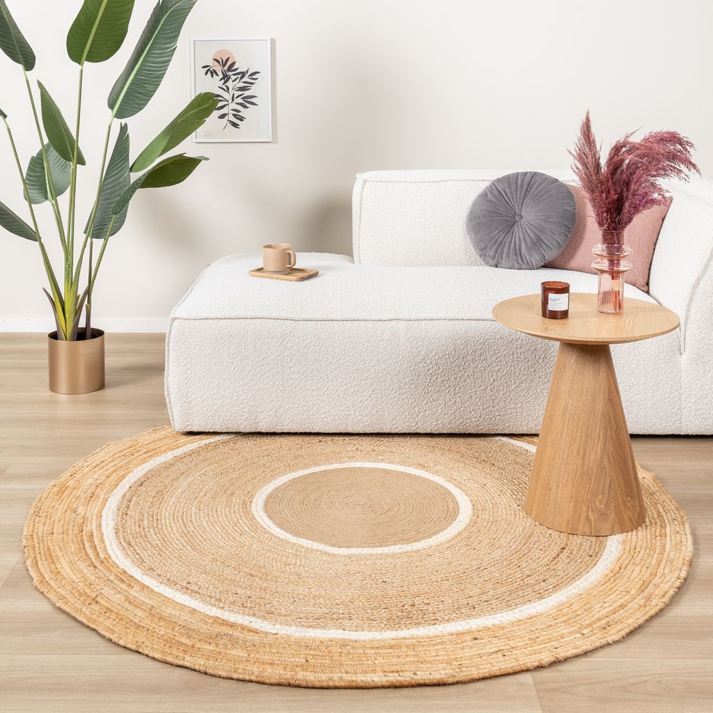 Jute Teppich Rund - Mirai Circle Weiss Natur - Ø 120 cm - Wohnzimmer, Esszimmer, Kinderzimmer, Schlafzimmer - FRAAI | Home & Living - Boho, Klassi...