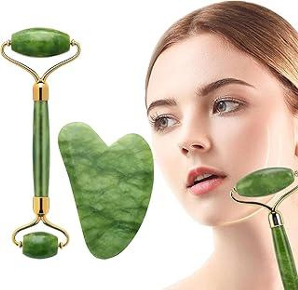 2 Stück Jade Gua Sha Gesichtsmassageroller, Anti Aging Roller für Hals, Wangen, Hautstraffung