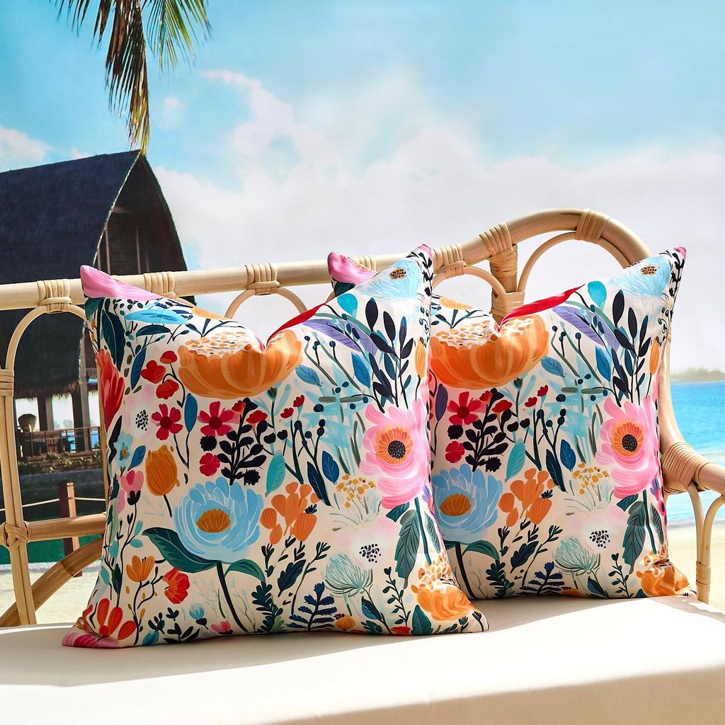 2er-Set Kissenbezüge, 45 x 45 cm, wasserfest, mit floralem Outdoor-Muster in Blau, Rosa, Orange und Rot, quadratisch, im Landhausstil, für Sofa, ...