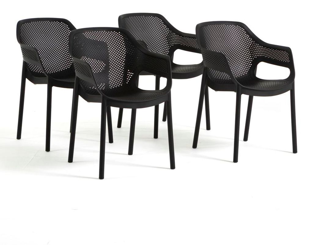 Set aus 4 stapelbaren Outdoor-Stühlen mit Armlehnen aus glasfaserverstärktem Kunststoff, perforierter Rückenlehne, für Garten, Terrasse, Bar un...