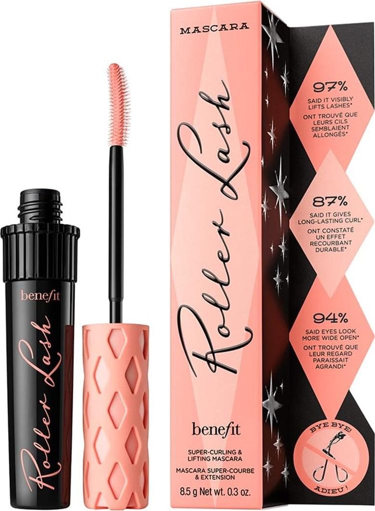A product shot of Benefit Roller Lash Mascara and its packaging.