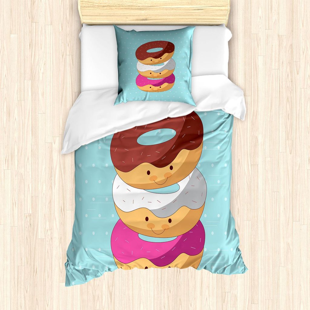 ABAKUHAUS Anime Bettbezug Set, Kawaii Cartoon-Art-bunte Schaumgummiringe mit den lustigen und netten Gesichtern auf blauem Hintergrund, 135 x 200 c...