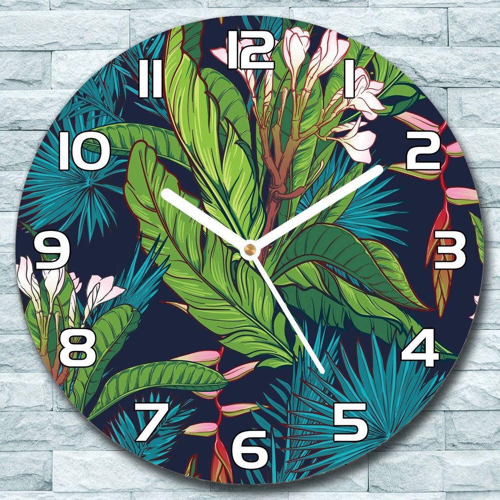 Wanduhr aus Glas Rund fi 30 Dschungel Blätter Quarz Deko Schlafzimmer Büro