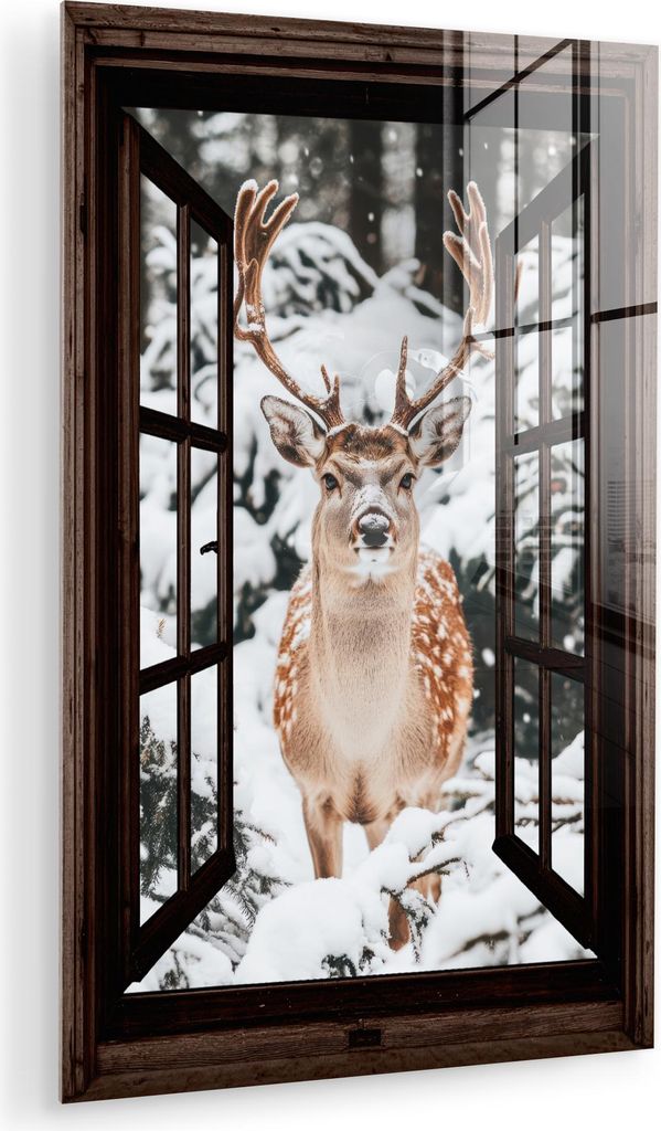 MuchoWow Glasbilder - Bilder auf Wandbild - Foto auf Glas Hirsche - Schnee - Winter - Wald - Tiere - Durchschauen 60x90 cm Wanddekoration aus Glas ...