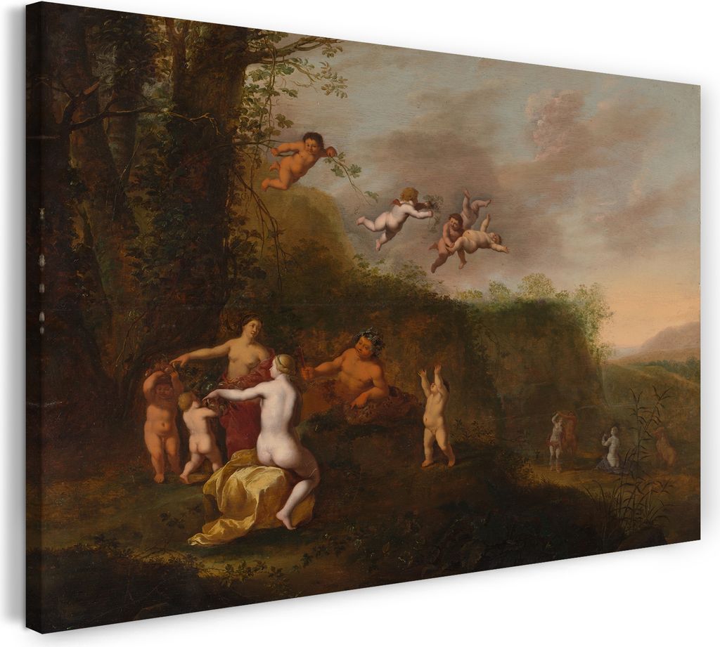 Leinwandbild (120x80cm): Abraham van Cuylenborch - Bacchus und Nymphen in einer Landschaft, echter Holz-Keilrahmen inkl. Aufhänger, handgefertigt ...