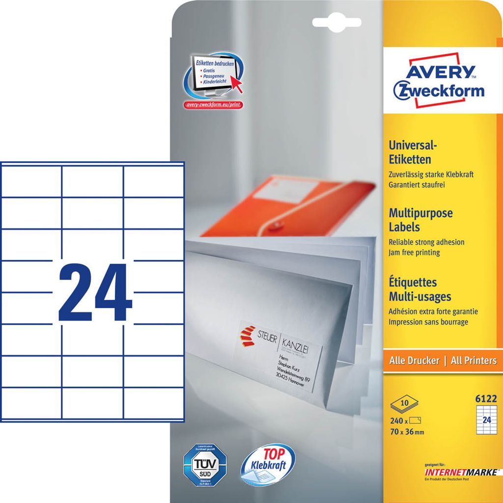 240 etykiet AVERY Zweckform 6122 biały 70,0 x 36,0 mm Zdjęcie produktu 