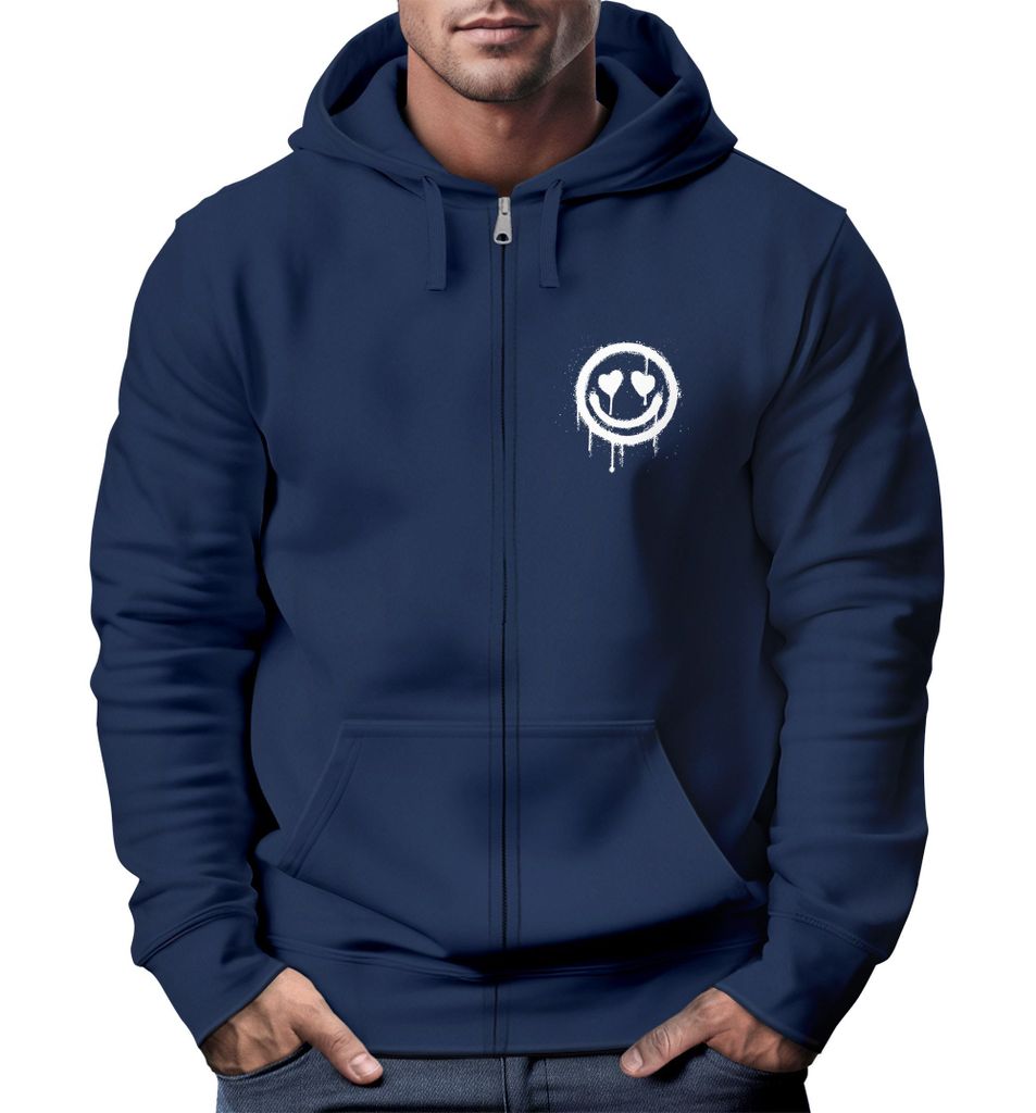 Sweatjacke Herren Print Smile Drip Face Aufdruck Zip-Hoodie mit Kapuze Männer Fashion Streetstyle Neverless navy L