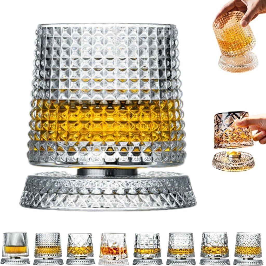 Drehbarer Kristallbecher(F), Wasser-/Bierglas, 280 ml, mit Leuchtender Kristall-Untersetzer,als Cocktailglas oder Kaffeetasse verwendbar,Geschenk