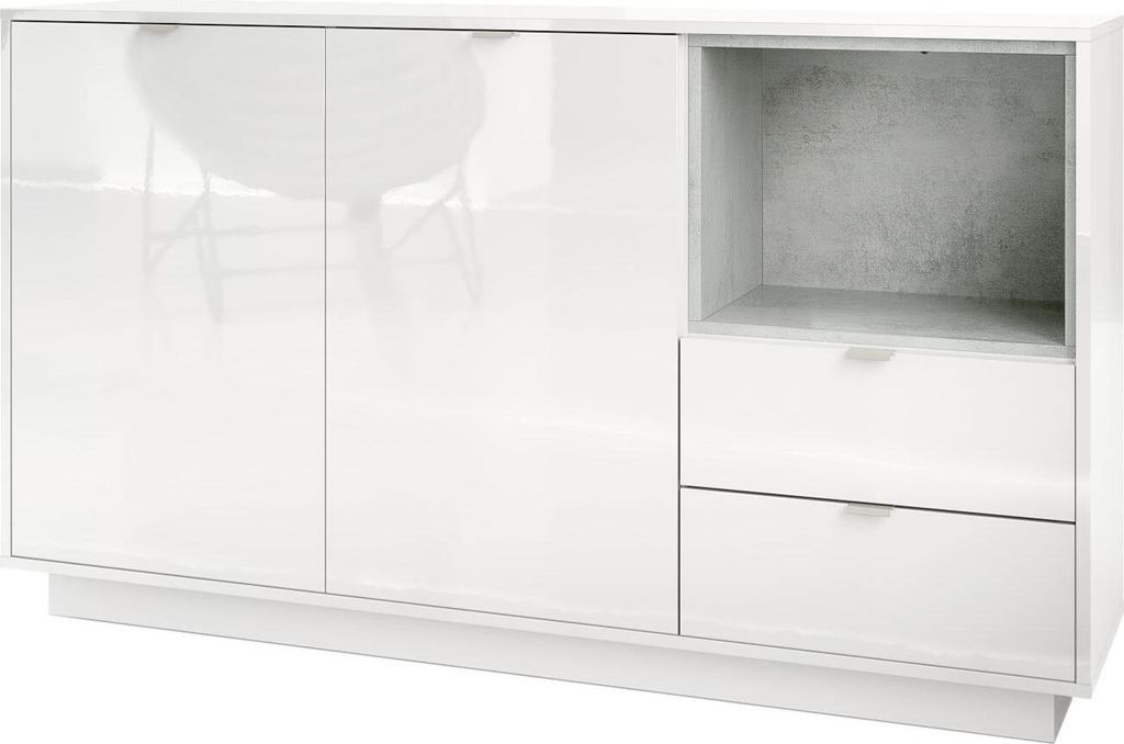 Vladon Sideboard Kommode Metro, Germany, Korpus in Weiß Hochglanz / Fronten in Weiß Hochglanz mit Einsatz in Beton Oxid Optik