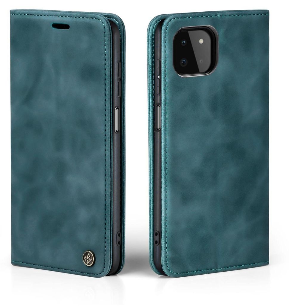 A teal flip case for a smartphone is shown from two angles.