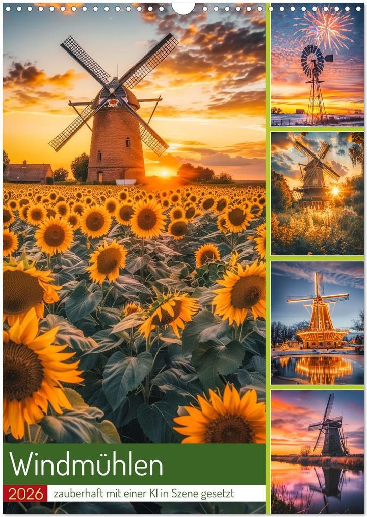 Windmühlen - Zauberhaft mit einer KI in Szene gesetzt (Wandkalender 2026 DIN A3 hoch), CALVENDO Monatskalender