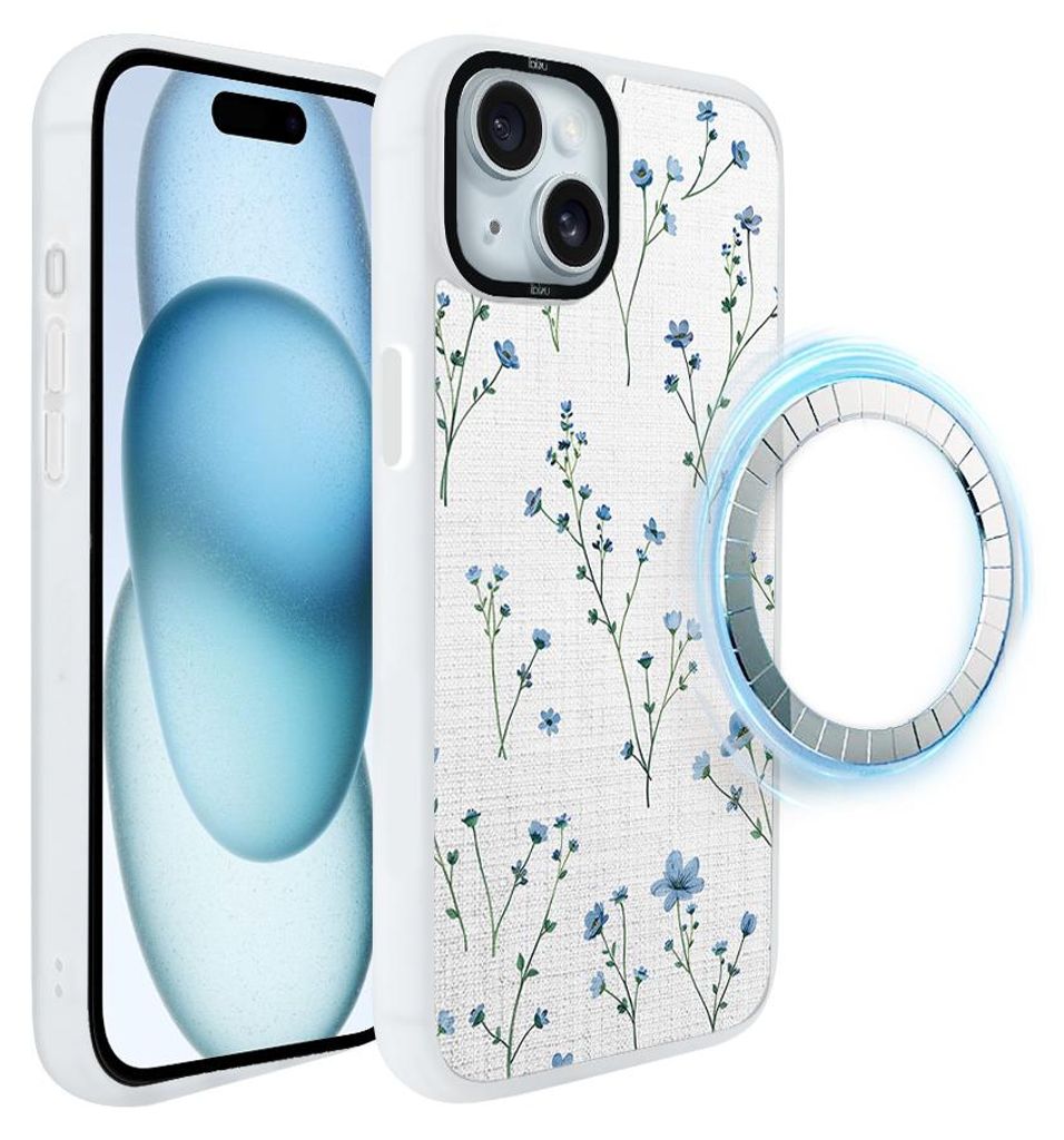 Schutzhülle für das iPhone 15 Plus, MagSafe-kompatibel, mattweiße Seiten, Blaue Blumen